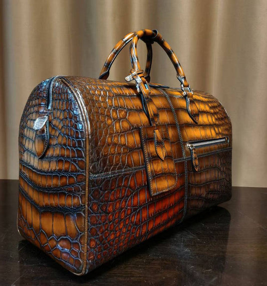 Unisex  Vintage Multi Color Crocodile Leather Travel Duffel Bag