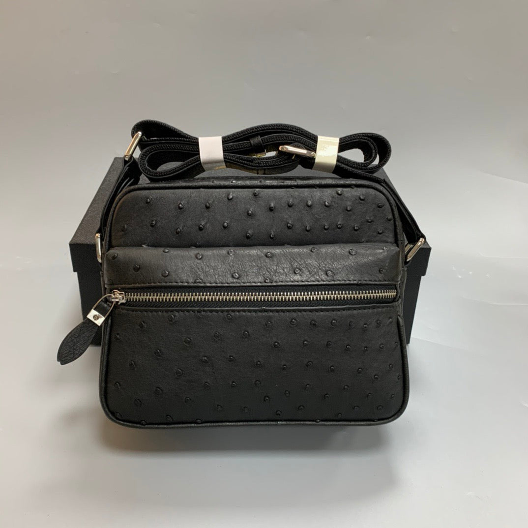 Men's Ostrich Skin Leather Messenger Bag Black