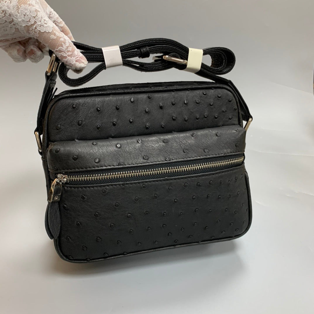 Men's Ostrich Skin Leather Messenger Bag Black
