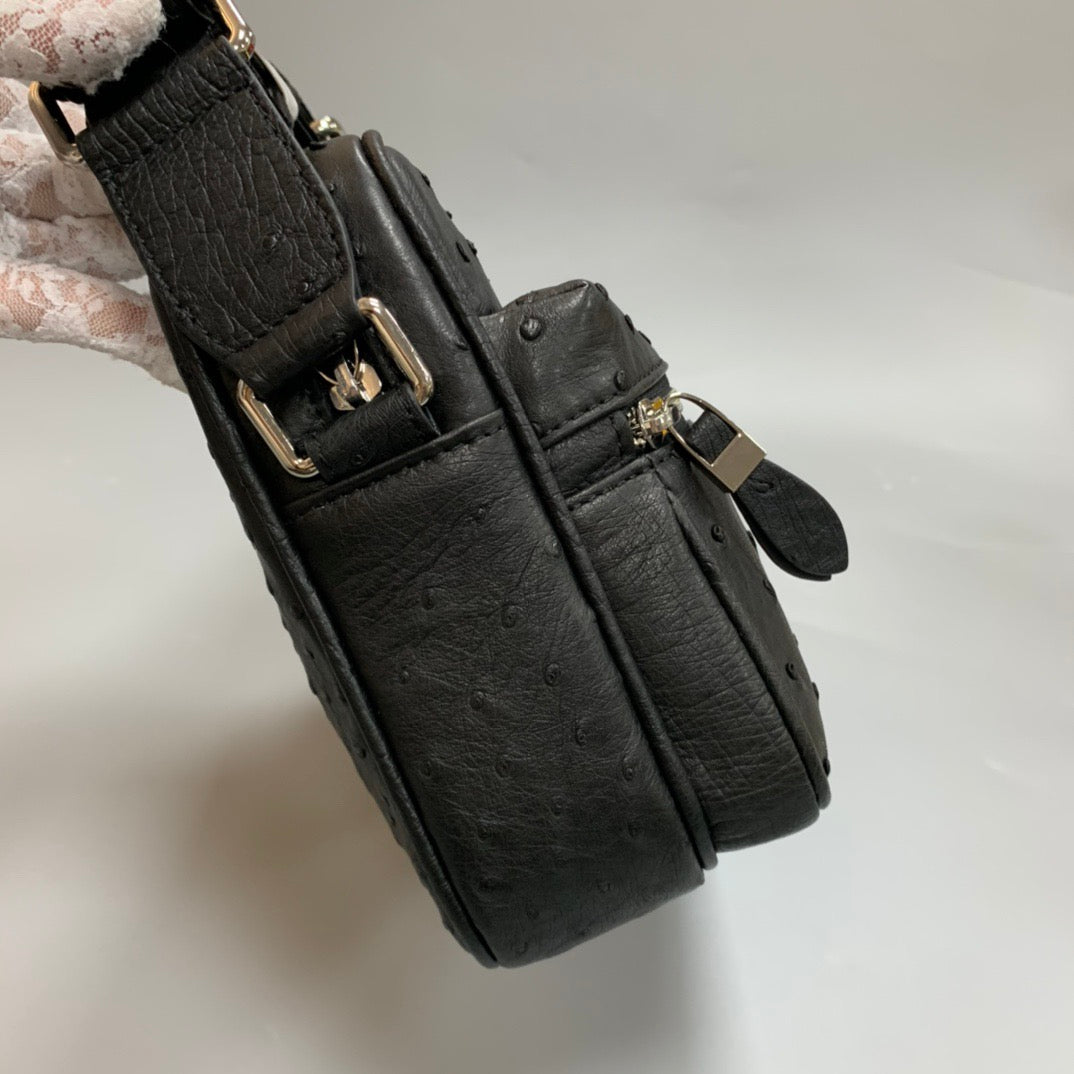 Men's Ostrich Skin Leather Messenger Bag Black