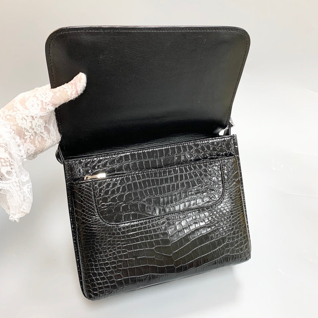Genuine Crocodile Skin Leather Messenger Cross Body Bag Black
