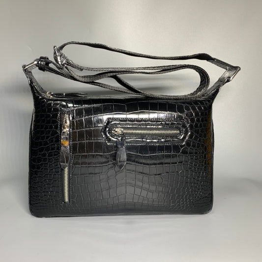 Genuine Crocodile Skin Leather Messenger Cross Body Bag Black
