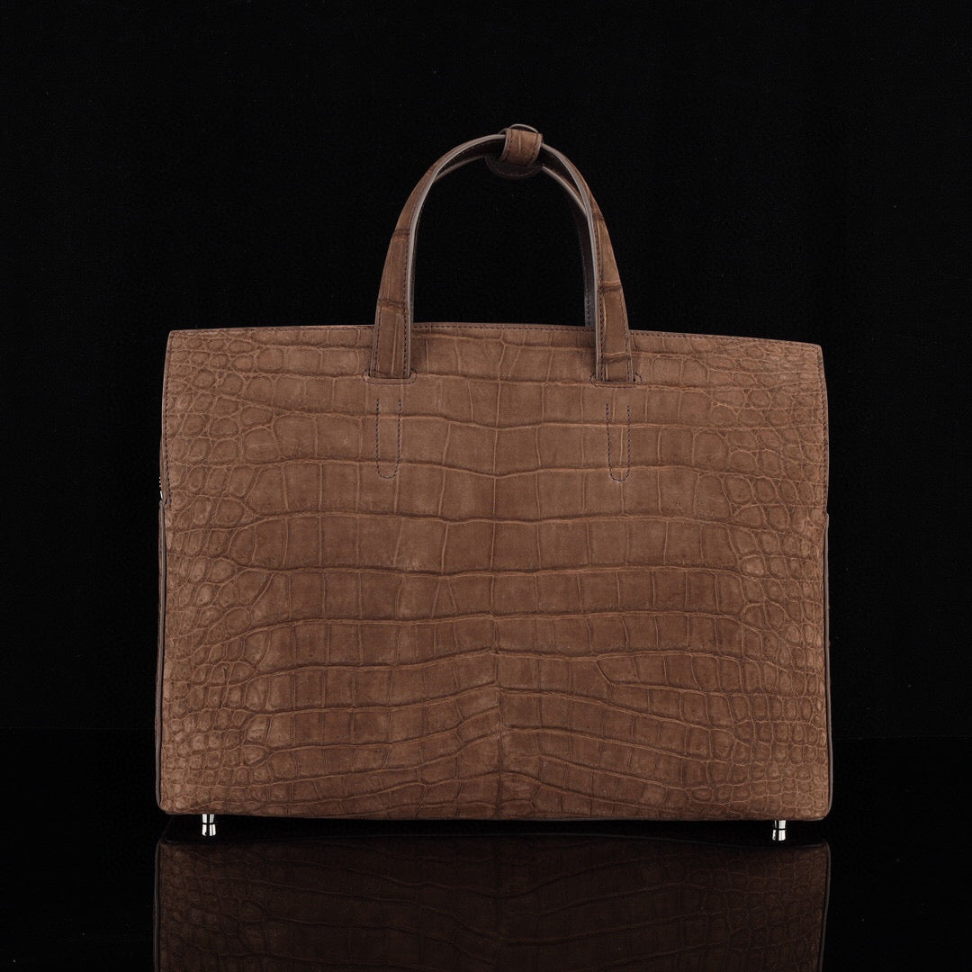 Nubuck Genuine Crocodile Skin Leather Top Handle Tote Duffel Bag Large Brown