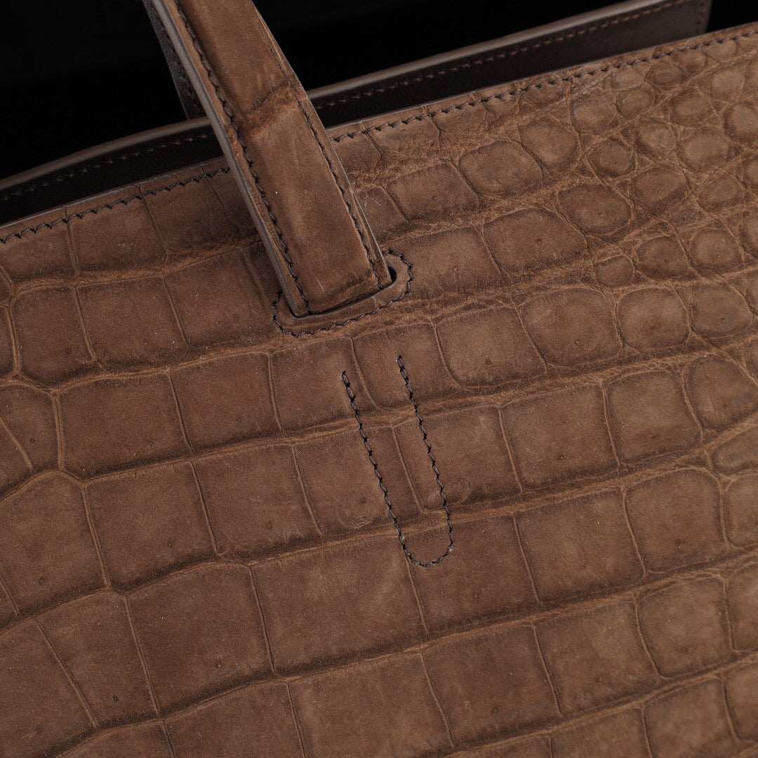 Nubuck Genuine Crocodile Skin Leather Top Handle Tote Duffel Bag Large Brown