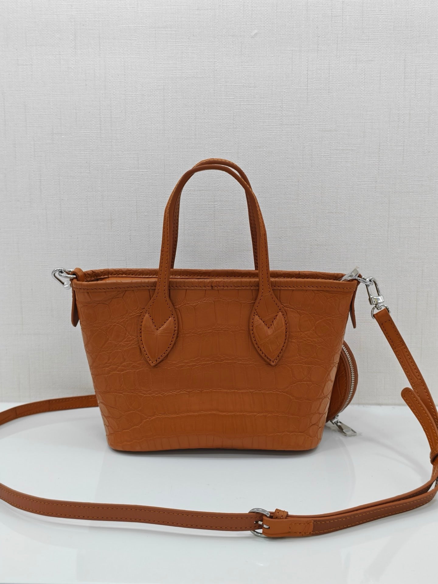 Women's Crocodile Leather Top Handle Bag With Small Round Pouch