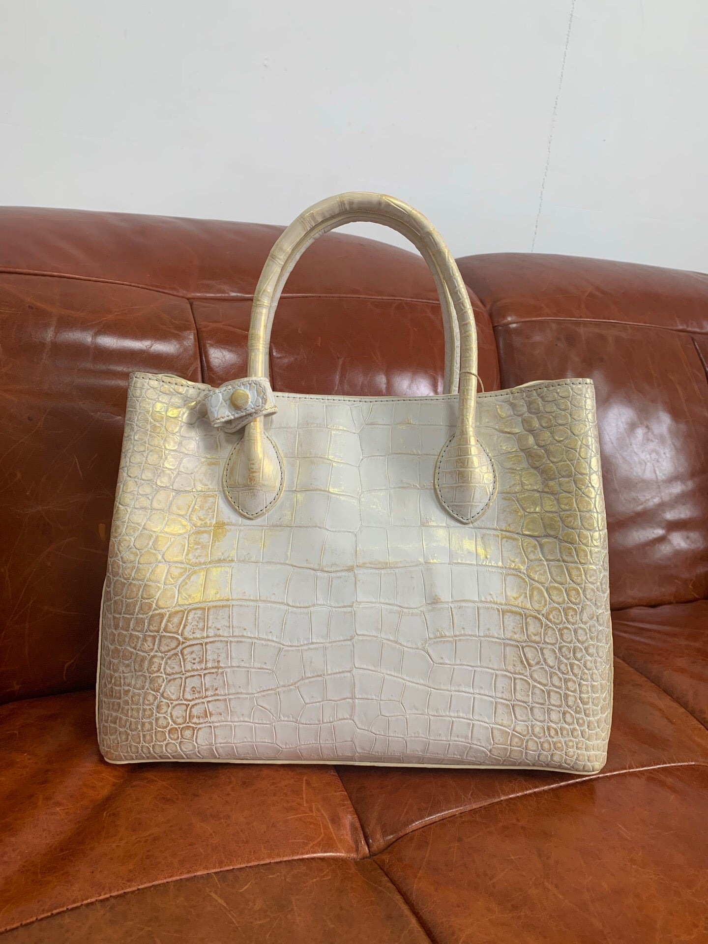 White Genuine Crocodile  Skin Leather Brushed Gold Top Handle Bag For Women