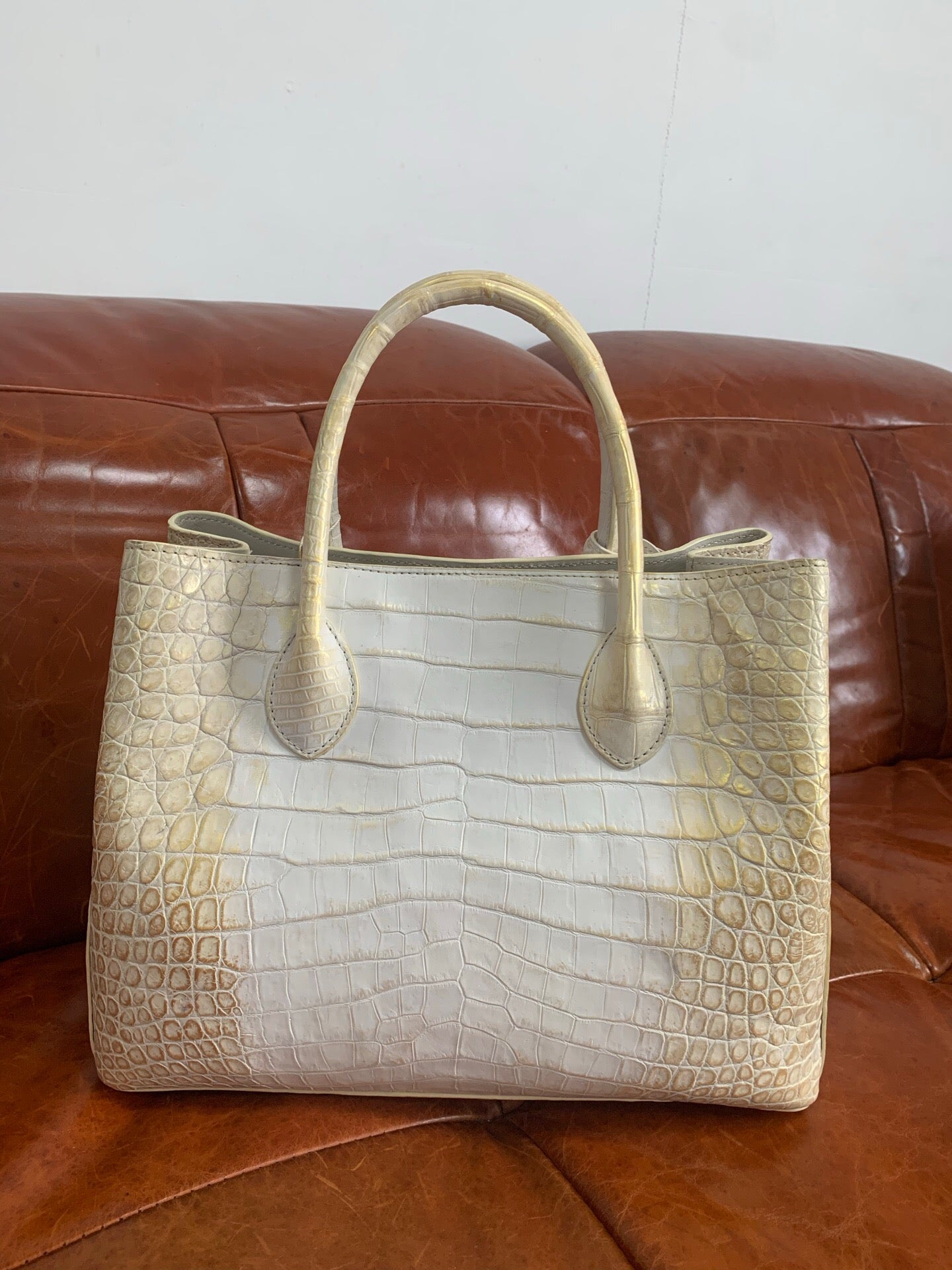 White Genuine Crocodile  Skin Leather Brushed Gold Top Handle Bag For Women