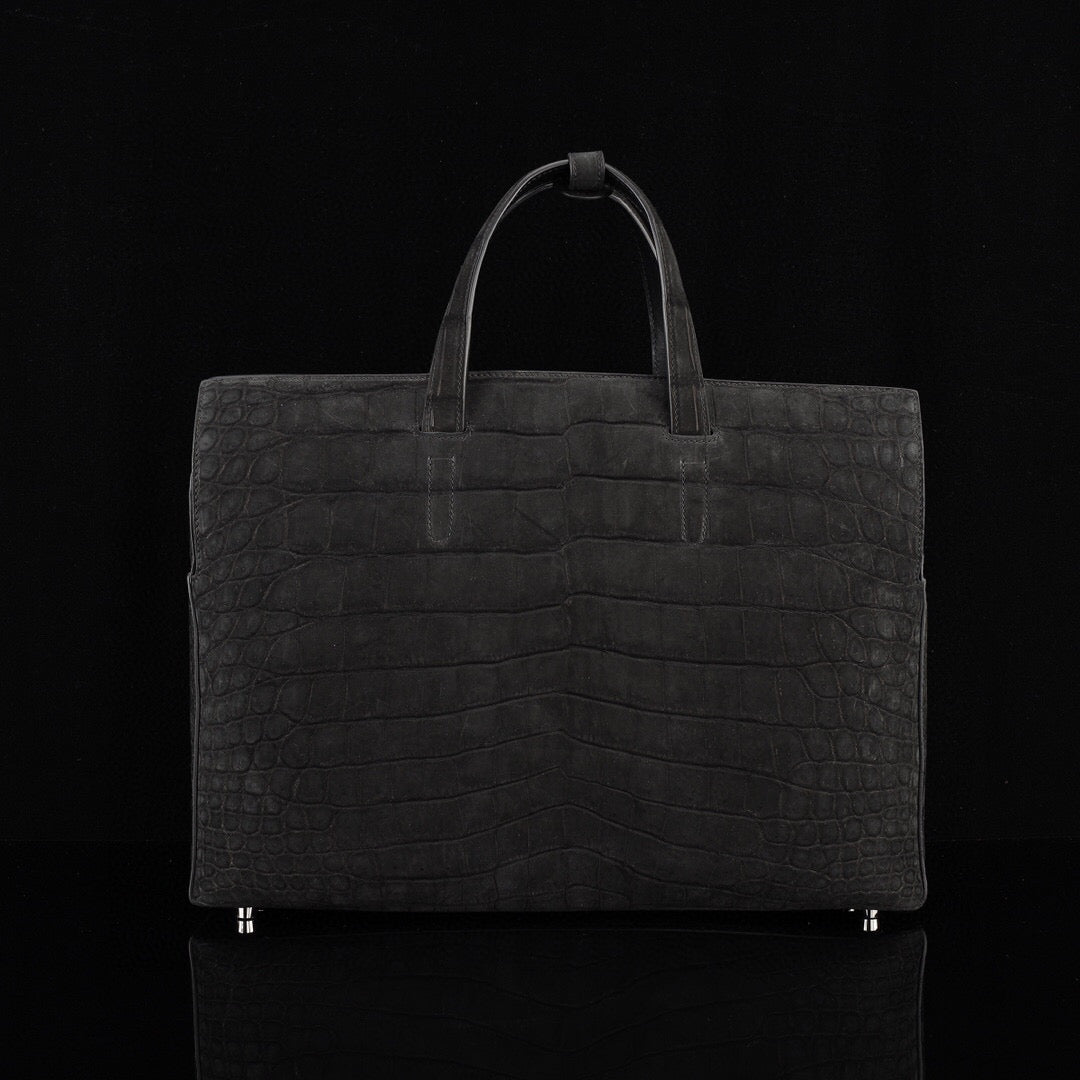 Sanded Genuine Crocodile Skin Leather Top Handle Tote Duffel Bag Large Black