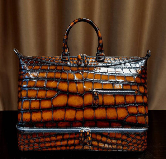 Unisex Vintage Brown Color Crocodile Leather Large Travel Duffel Bag