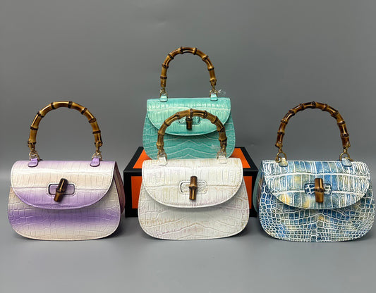 Brushed Crocodile Skin Leather Bamboo Top Handle Cross Body Bag