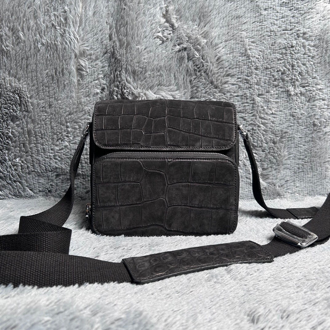 Men's Nubuck Crocodile Skin Leather Cross Body Shoulder Bag Black
