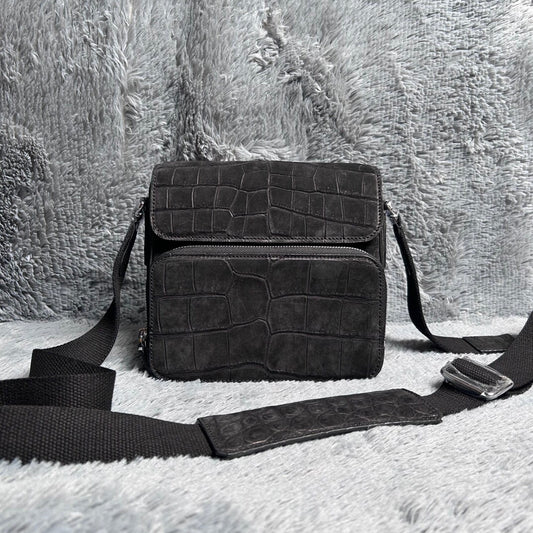 Men's Nubuck Crocodile Skin Leather Cross Body Shoulder Bag Black