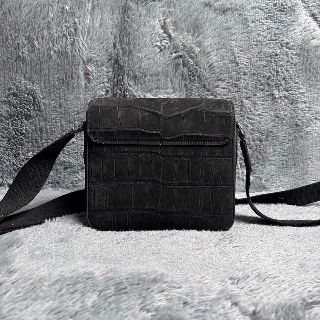 Men's Nubuck Crocodile Skin Leather Cross Body Shoulder Bag Black