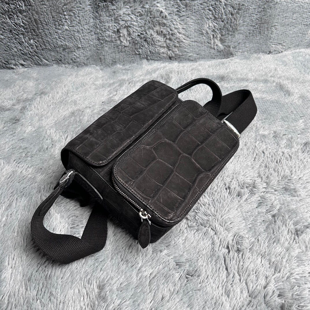 Men's Nubuck Crocodile Skin Leather Cross Body Shoulder Bag Black