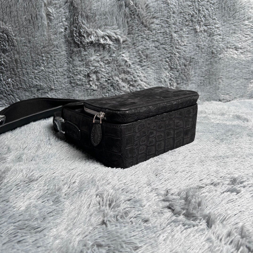 Men's Nubuck Crocodile Skin Leather Cross Body Shoulder Bag Black