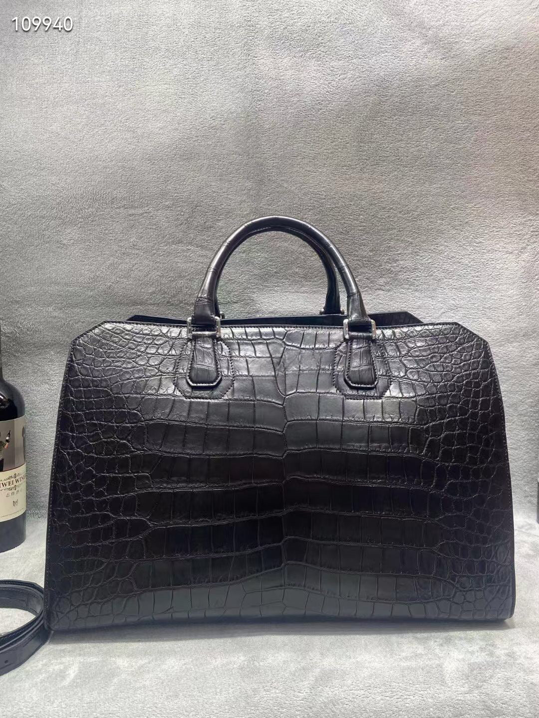 Crocodile Skin Leather Travel Duffle Bag Matt Black & Dark Blue