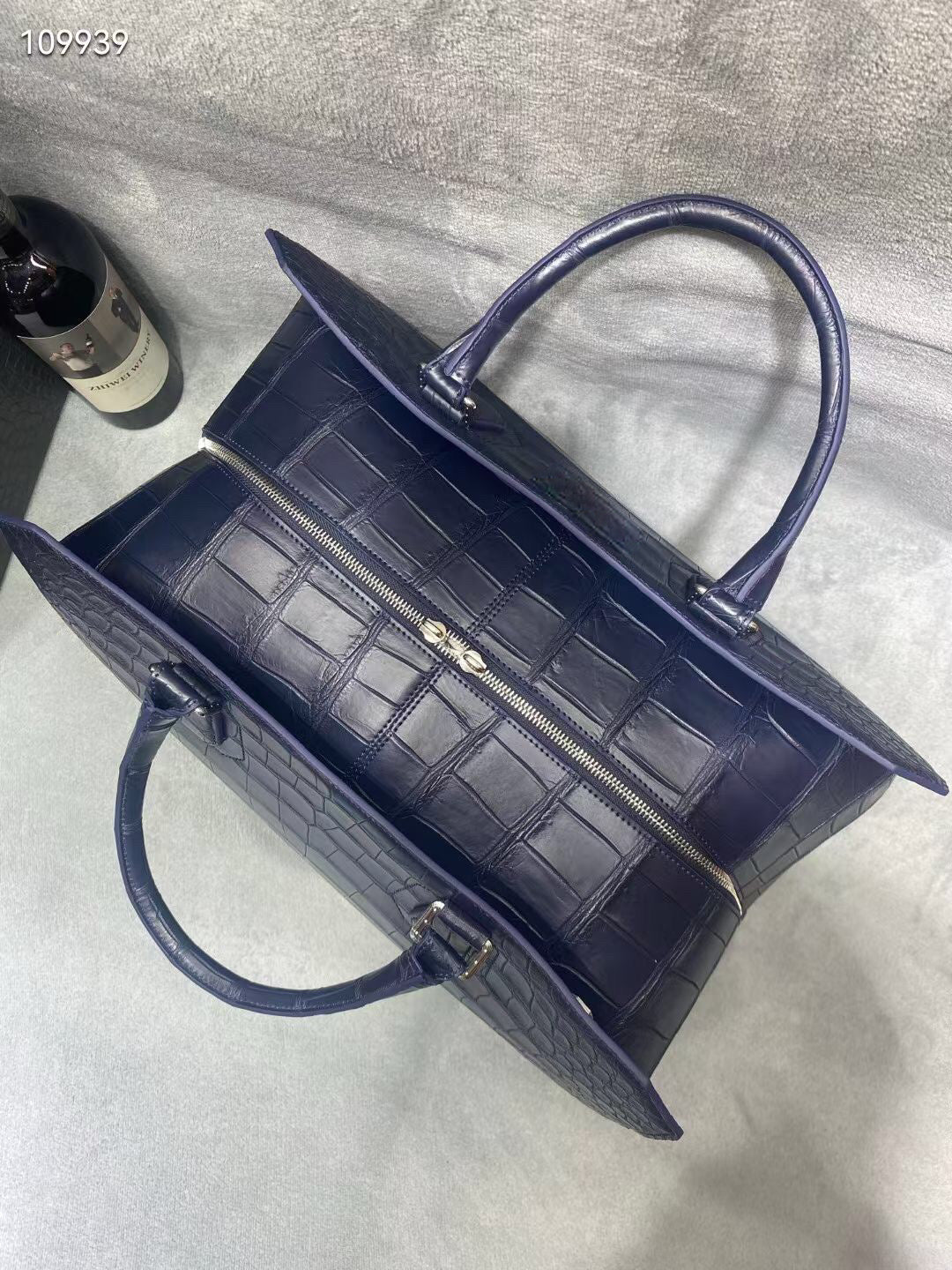 Crocodile Skin Leather Travel Duffle Bag Matt Black & Dark Blue