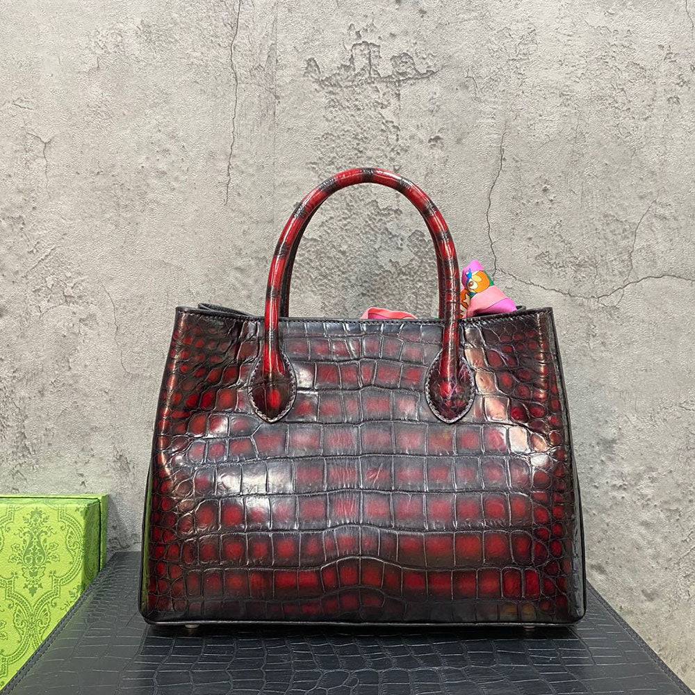 Vintage Rossie Viren crocodile leather handbag with top handle, shoulder strap, and tote design, 30cm size.