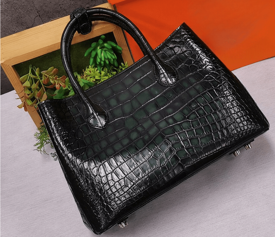Vintage Rossie Viren crocodile leather handbag with top handle, shoulder strap, and tote design, 30cm size.