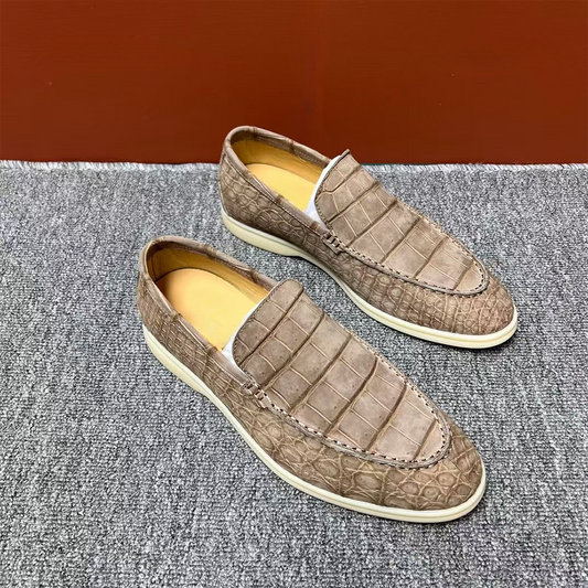 Preorder Nubuck Crocodile Shoes Men's Crocodile Leather Loafers Slip-On Dress Shoes Very Comfortable Beige