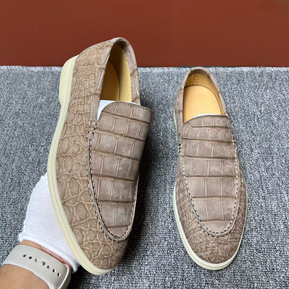 Preorder Nubuck Crocodile Shoes Men's Crocodile Leather Loafers Slip-On Dress Shoes Very Comfortable Beige
