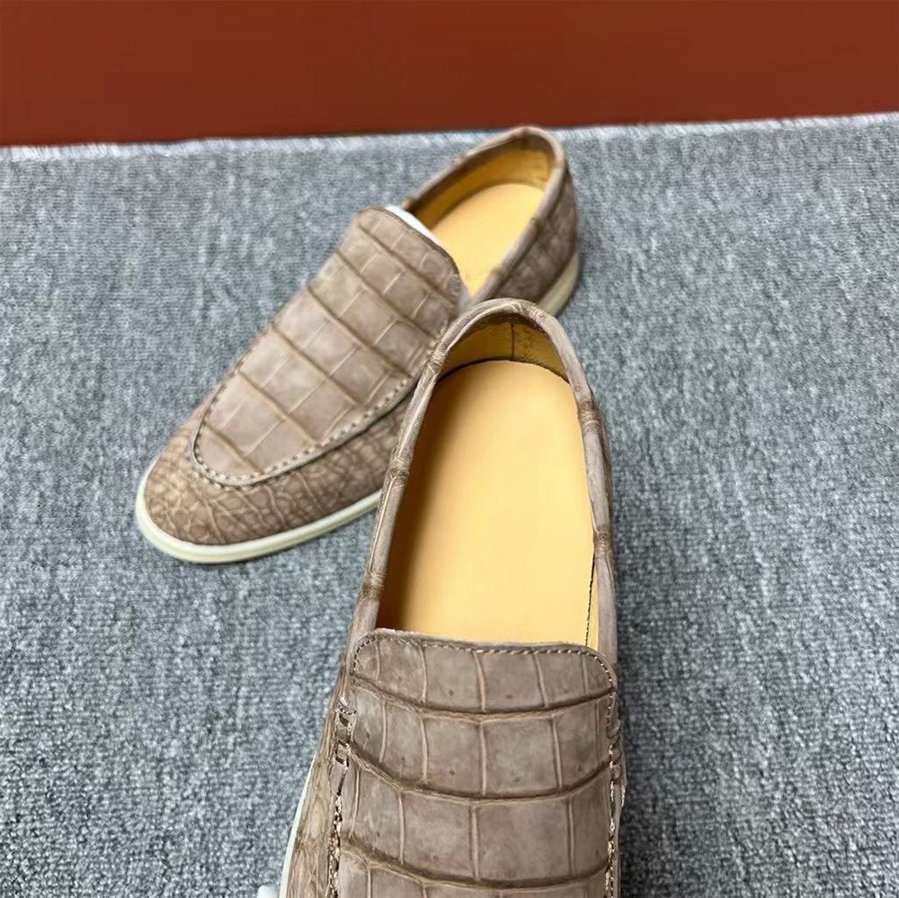 Preorder Nubuck Crocodile Shoes Men's Crocodile Leather Loafers Slip-On Dress Shoes Very Comfortable Beige