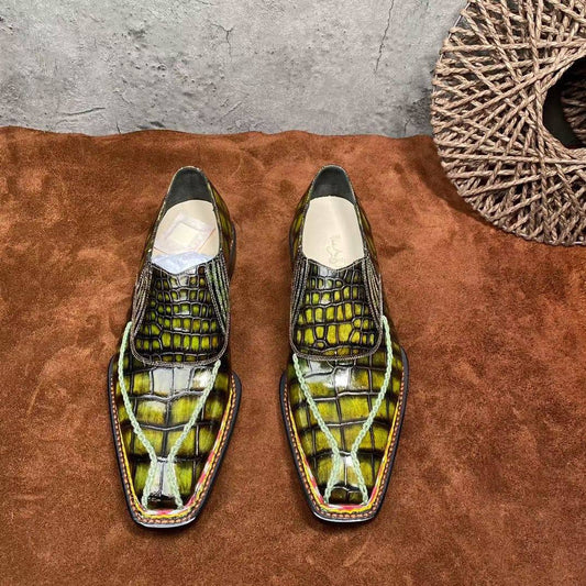 Crocodile Shoes Men's  Crocodile Leather  Norwegian Stitching Lace Up Dress Shoes Vintage Yellow