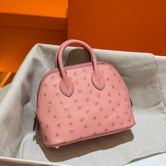 Womens Genuine Ostrich SKin Leather Shell Promennade Trapezoid Cross Body Bag Mini