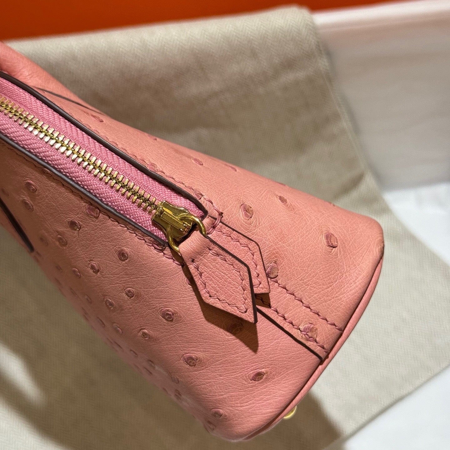 Womens Genuine Ostrich SKin Leather Shell Promennade Trapezoid Cross Body Bag Mini