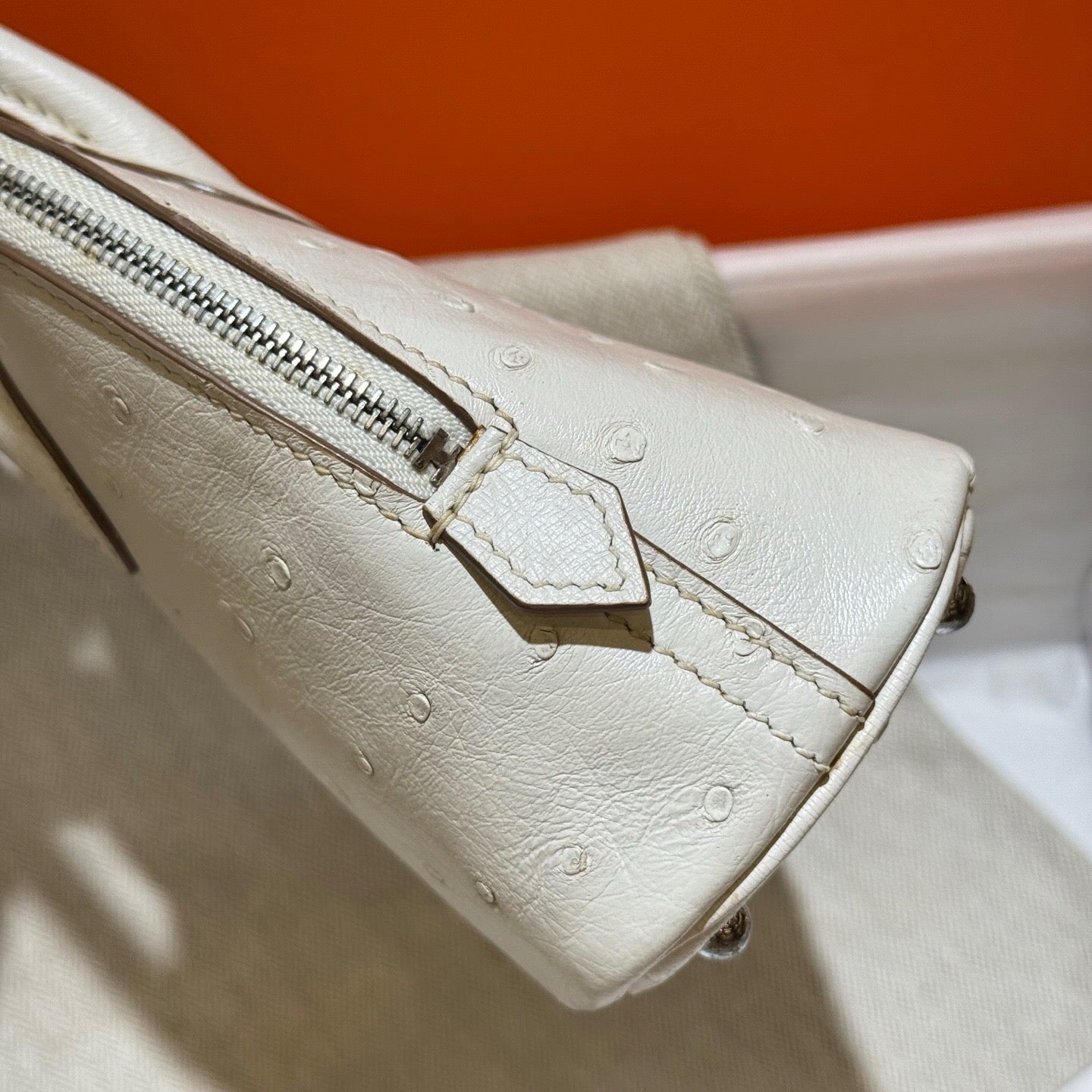 Womens Genuine Ostrich SKin Leather Shell Promennade Trapezoid Cross Body Bag Mini