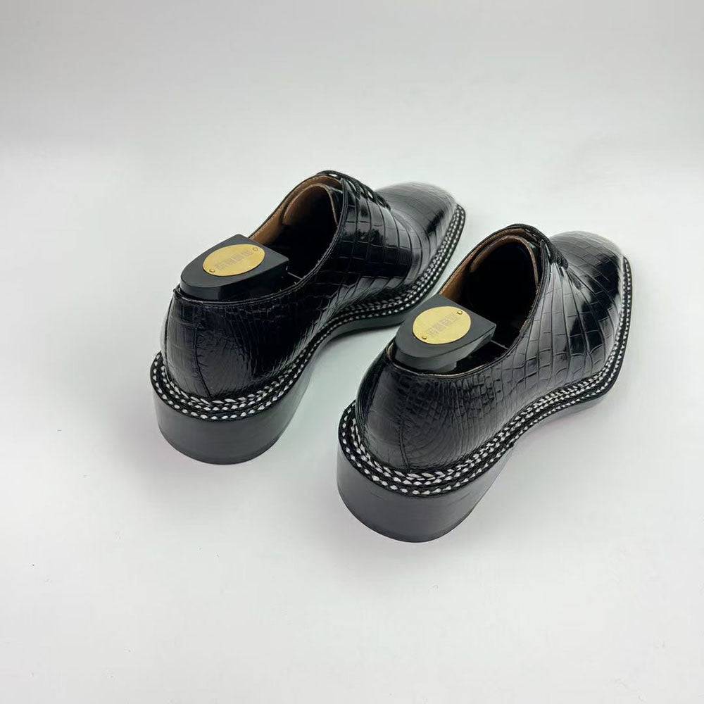 Crocodile Shoes Men's Crocodile Leather Norwegian Sewn Seam 4 Lines Sole  Lace Up Dress Shoes Black