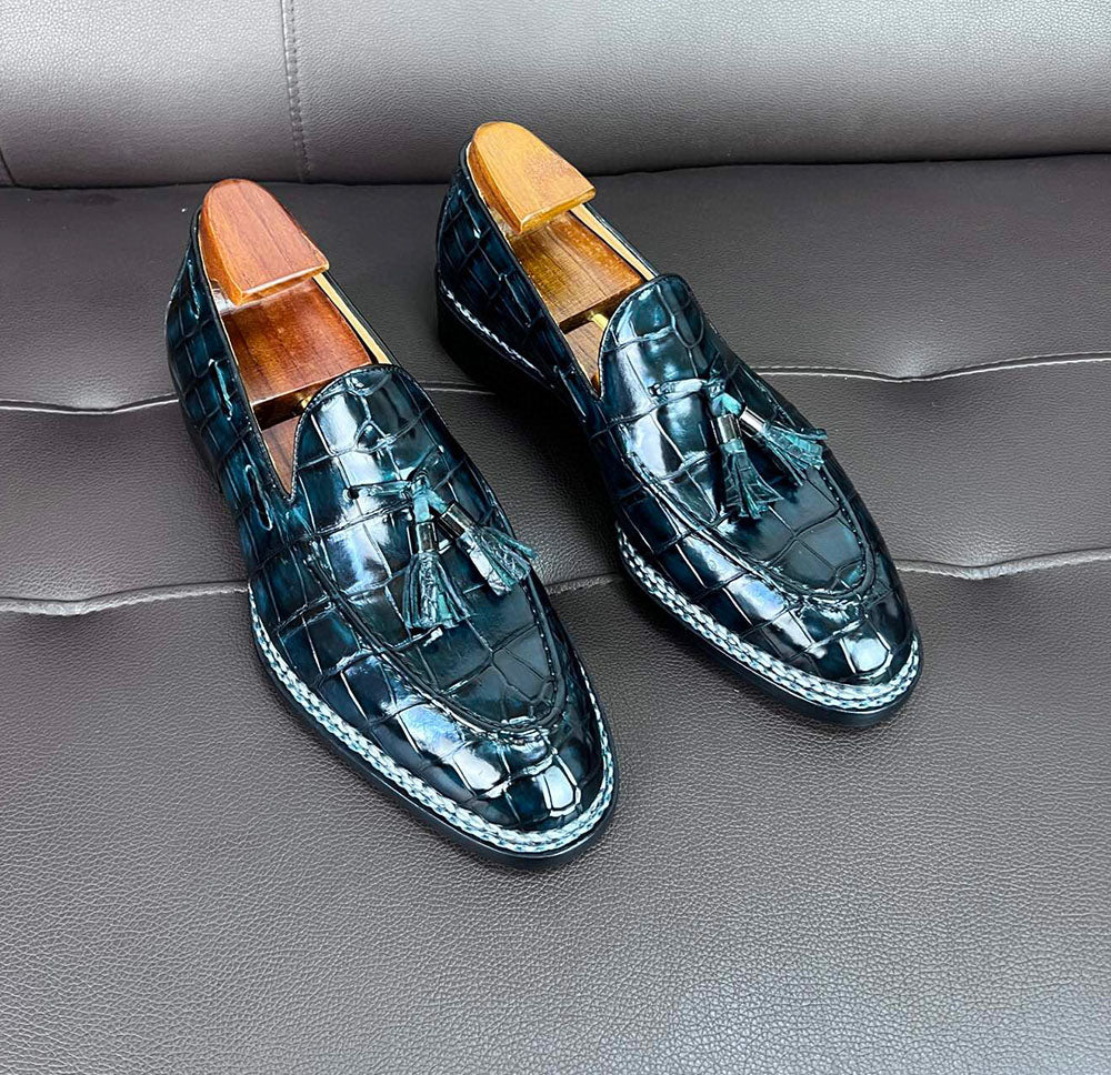 Crocodile Leather Loafer Shoes Norwegian Sewn Shoes With Tassels Vintage Green