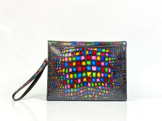 Crocodile Skin Leather Clutch , Stained Glass Style Rhapsody, Church Stained Glass Style Clutch
