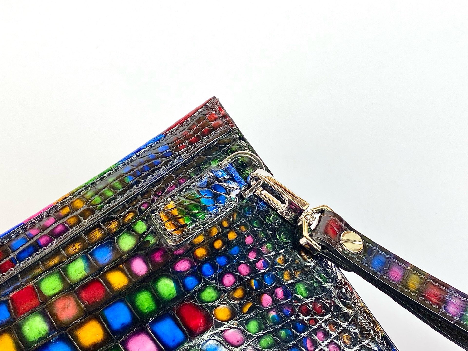 Crocodile Skin Leather Clutch , Stained Glass Style Rhapsody, Church Stained Glass Style Clutch