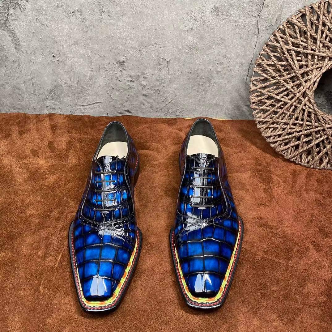 Preorder Crocodile Shoes Men's  Crocodile Leather  Norwegian Stitching Lace Up Dress Shoes Vintage Blue