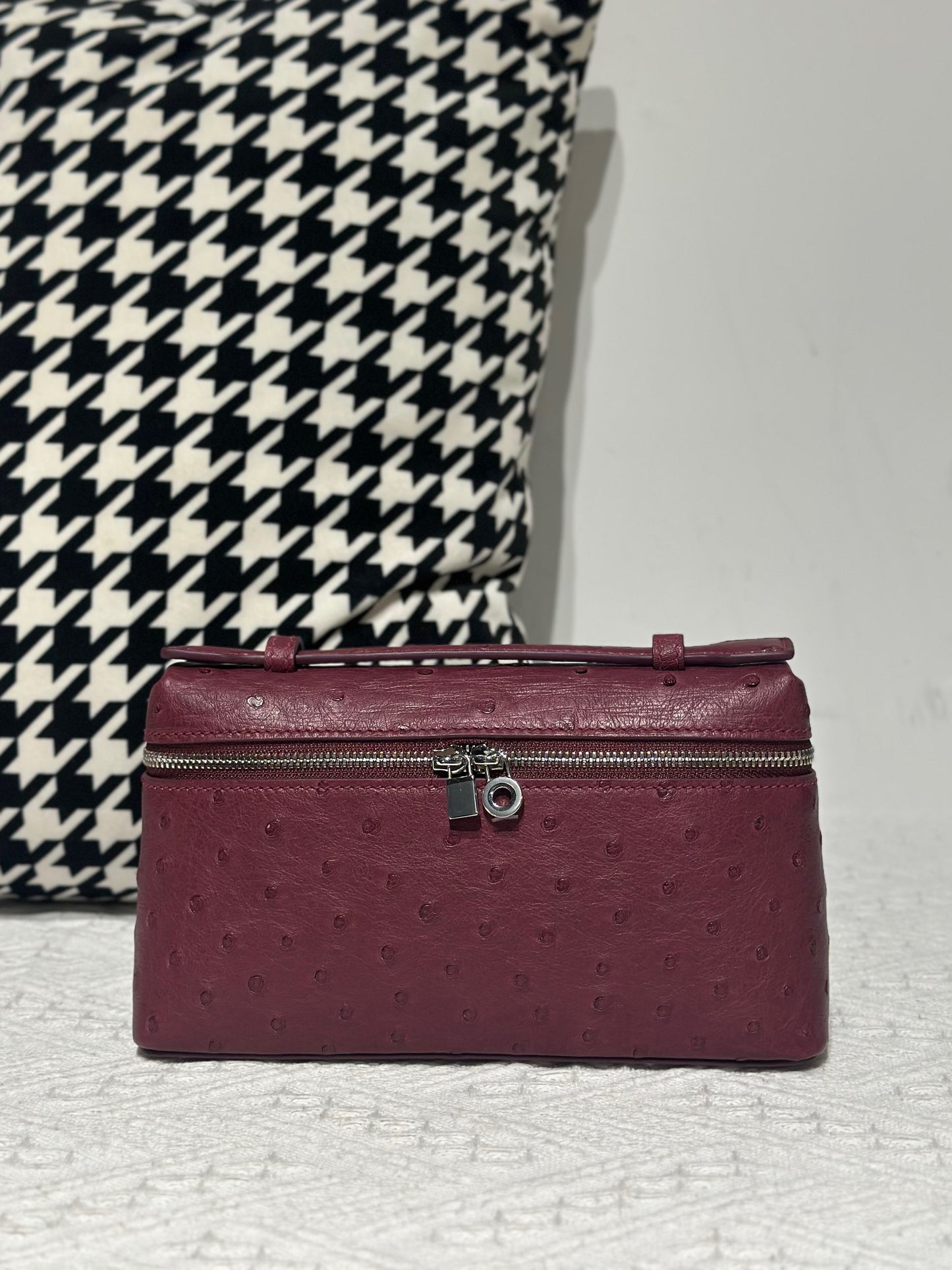 Genuine Ostrich Skin Leather Zipper Cosmetic Handle Bag Large