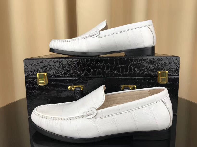 Men's Shoes , Soft Eel Skin Leather Loafers White