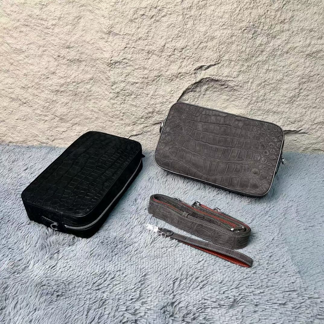 Nubuck Crocodile Leather Camera Cross Body Shoulder Clutch Bag