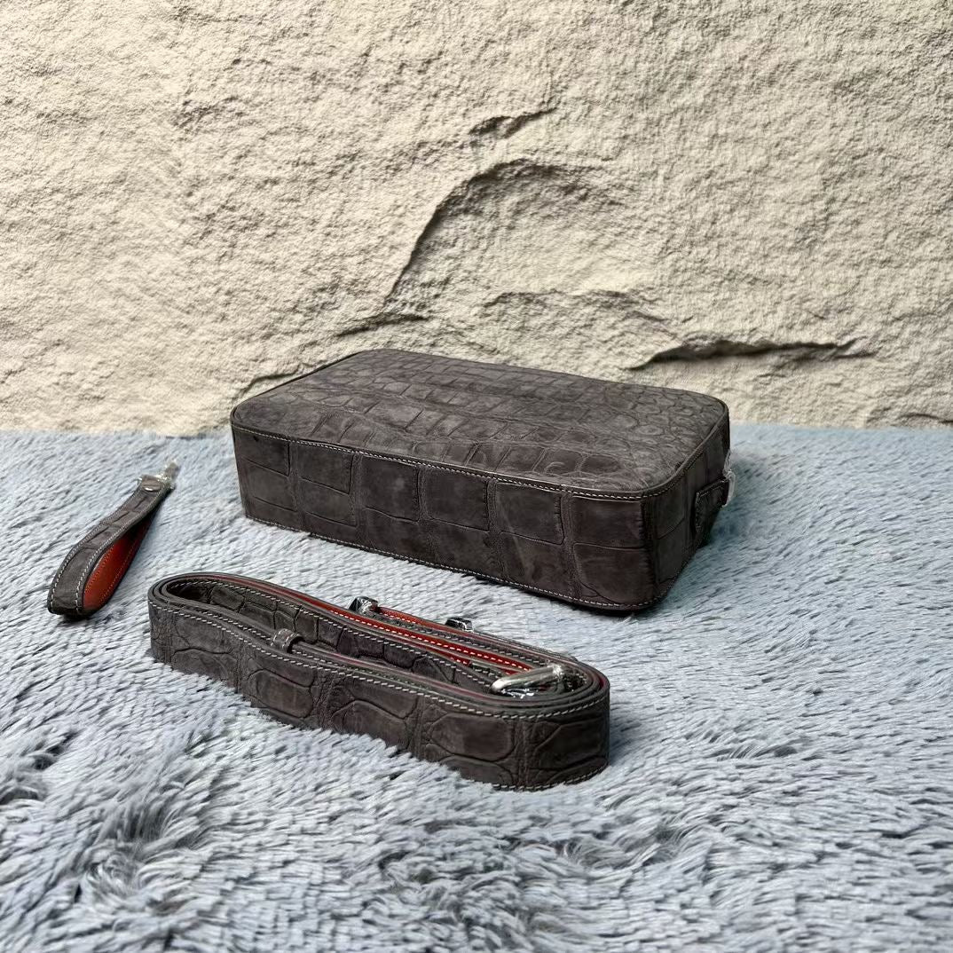 Nubuck Crocodile Leather Camera Cross Body Shoulder Clutch Bag