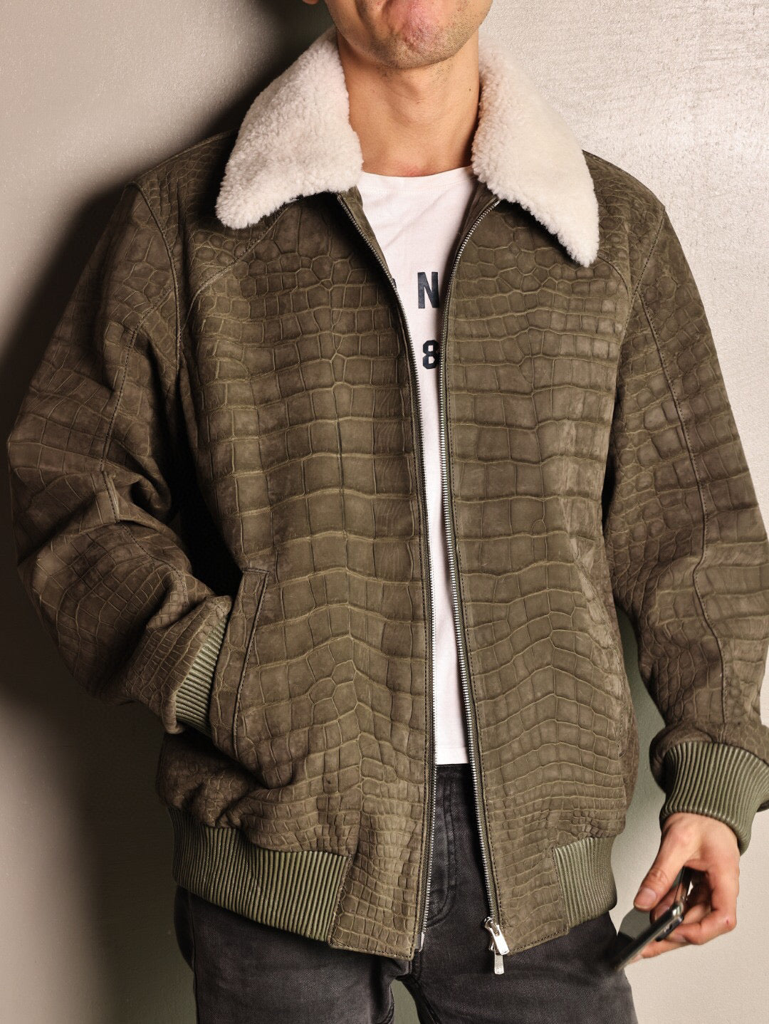Crocodile Leather Jacket With Wool Collar ,Zip Up Casual Coat Rat Tail Green