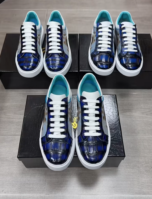 Crocodile Shoes , Vintage Blue Genuine Crocodile Leather Sneakers