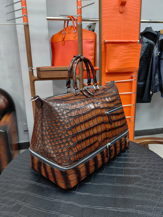 Unisex Vintage Genuine Crocodile Leather Travel Duffel Bag ,Golf Toilet Bag