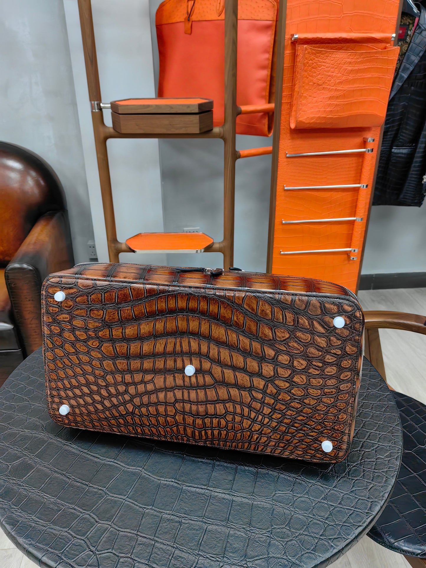 Unisex Vintage Genuine Crocodile Leather Travel Duffel Bag ,Golf Toilet Bag