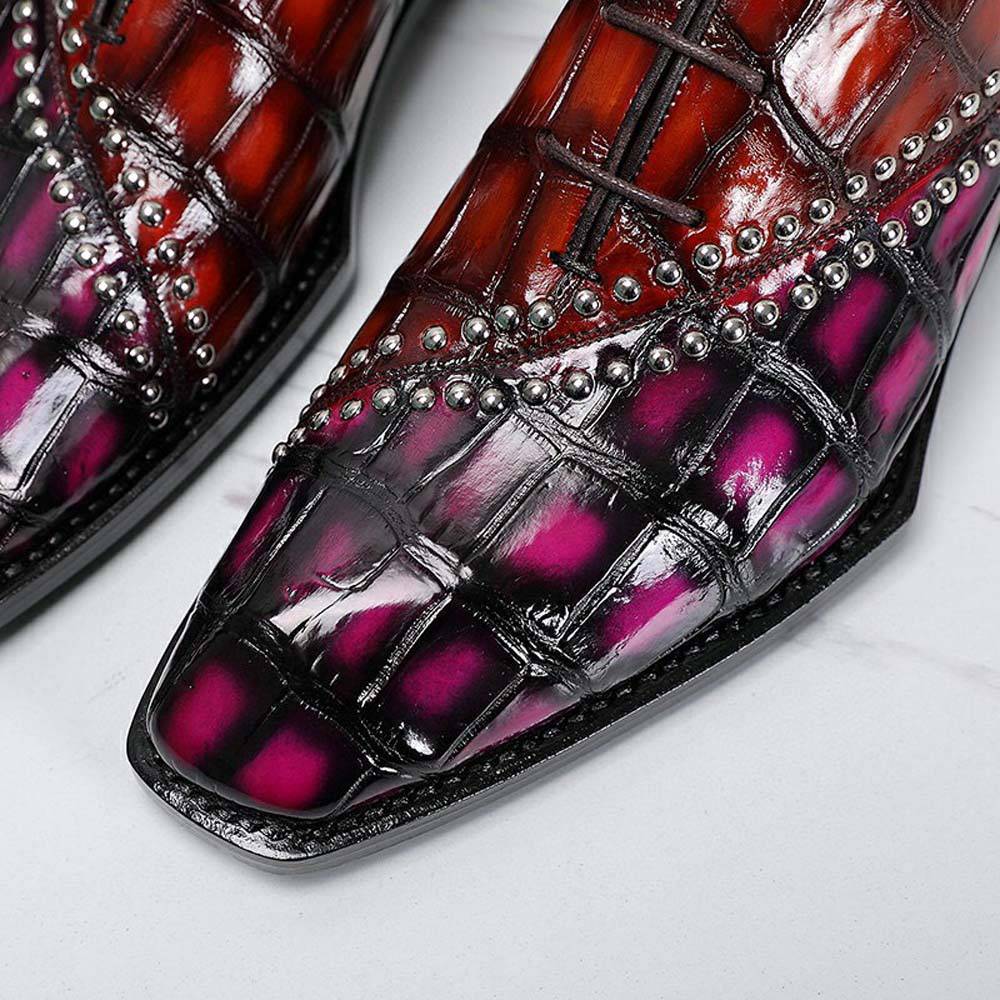 Crocodile Shoes Men's Crocodile Leather Shoes Lace Up Shoes Vintage Red & Pink
