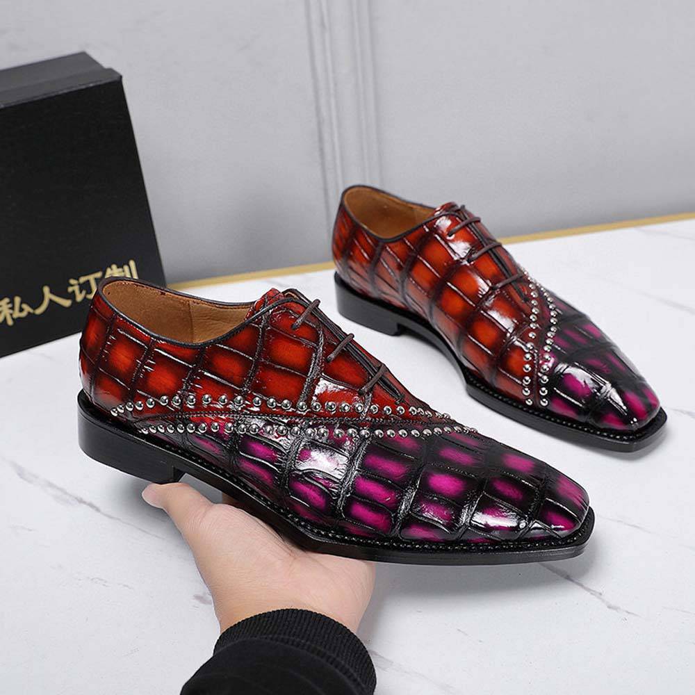 Crocodile Shoes Men's Crocodile Leather Shoes Lace Up Shoes Vintage Red & Pink