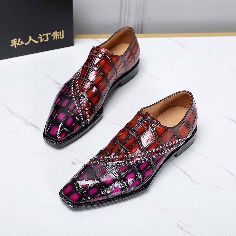 Crocodile Shoes Men's Crocodile Leather Shoes Lace Up Shoes Vintage Red & Pink