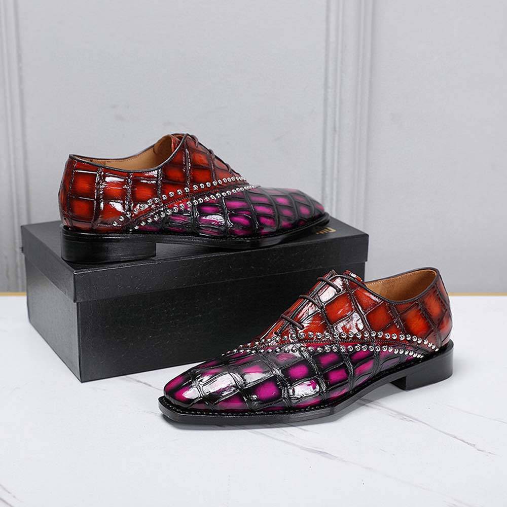 Crocodile Shoes Men's Crocodile Leather Shoes Lace Up Shoes Vintage Red & Pink