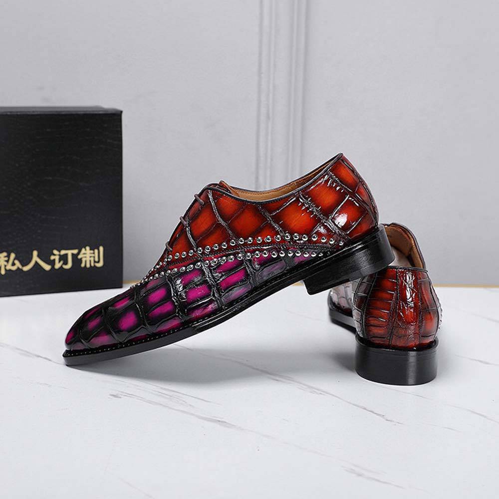 Crocodile Shoes Men's Crocodile Leather Shoes Lace Up Shoes Vintage Red & Pink
