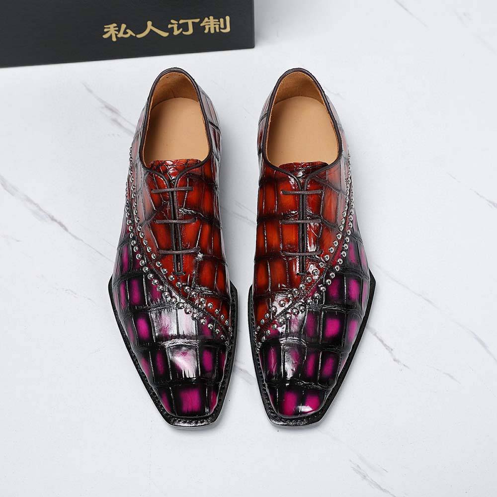 Crocodile Shoes Men's Crocodile Leather Shoes Lace Up Shoes Vintage Red & Pink