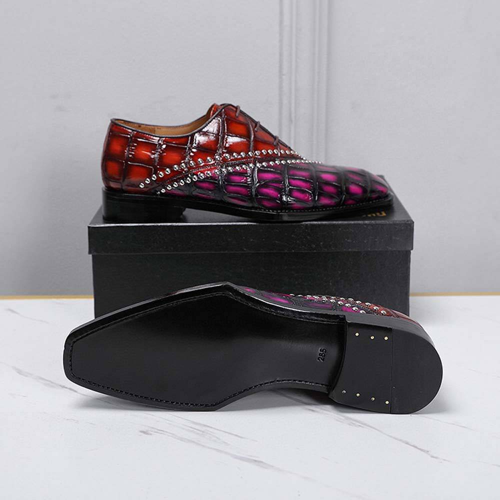 Crocodile Shoes Men's Crocodile Leather Shoes Lace Up Shoes Vintage Red & Pink